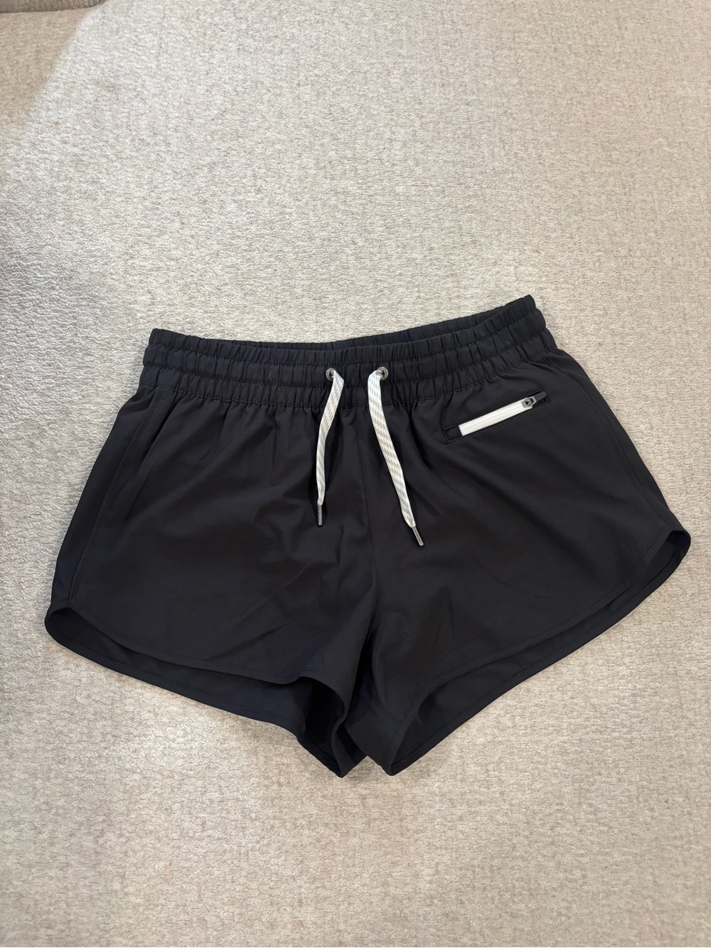 Vuori Black Athletic Drawstring Shorts with White Zip Accent